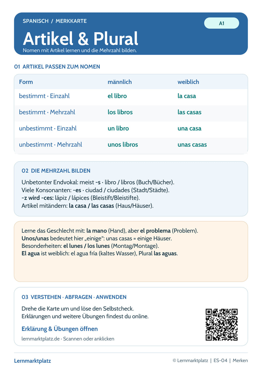 Spanisch-Lernkarte Artikel und Plural: Merkübersicht, Beispiele und QR-Code