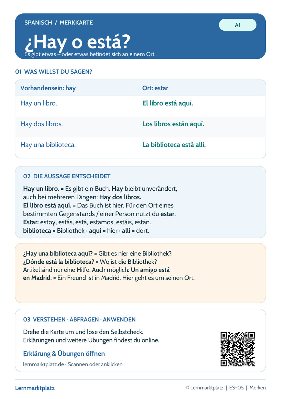 Spanisch Lernkarte ¿Hay o está?: Übersicht mit Regeln und Beispielen