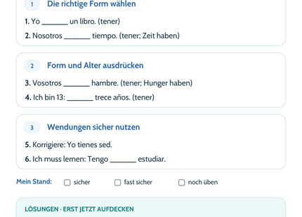 Spanisch Lernkarte Tener: Selbstcheck mit sechs Aufgaben und Lösungen