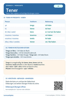 Spanisch Lernkarte: tener – Präsens, Alter und tener que (PDF)