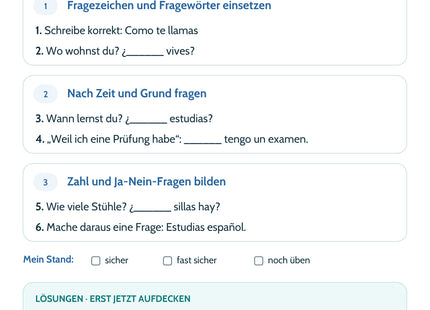 Spanisch Lernkarte Preguntas: Selbstcheck mit sechs Aufgaben und Lösungen
