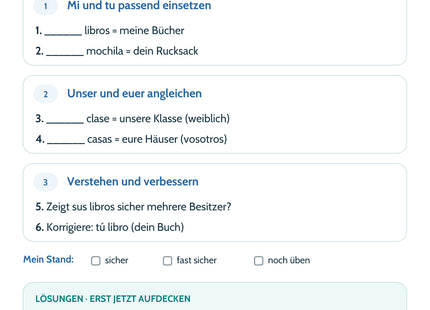 Spanisch-Lernkarte Possessivbegleiter: Selbstcheck mit sechs Aufgaben und Lösungen