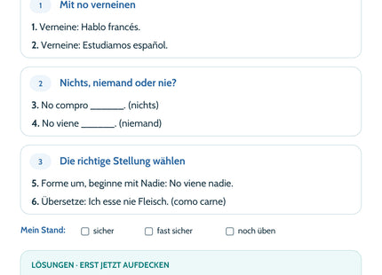 Spanisch-Lernkarte Verneinung: Selbstcheck mit sechs Aufgaben und Lösungen