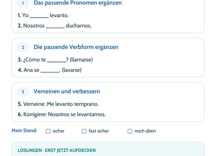 Spanisch-Lernkarte Reflexive Verben: Selbstcheck mit sechs Aufgaben und Lösungen