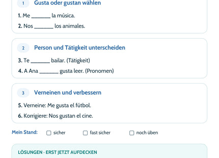 Spanisch Lernkarte: gustar – me gusta und me gustan – Selbstcheck mit sechs Aufgaben und Lösungen