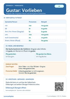 Spanisch Lernkarte: gustar – me gusta und me gustan (PDF)
