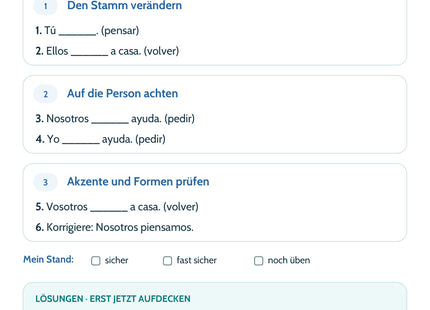 Spanisch Lernkarte: Stammwechsel im Präsens – pensar, volver, pedir – Selbstcheck mit sechs Aufgaben und Lösungen