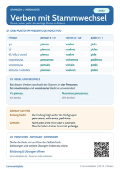 Spanisch Lernkarte: Stammwechsel im Präsens – pensar, volver, pedir (PDF)