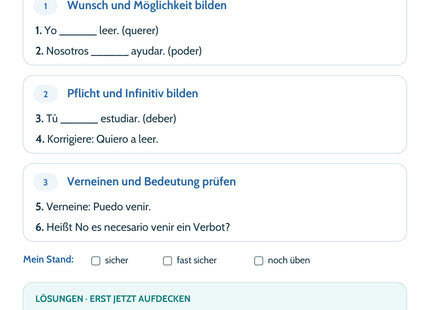 Spanisch Lernkarte: querer, poder und deber – Modalverben – Selbstcheck mit sechs Aufgaben und Lösungen