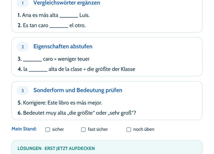 Spanisch Lernkarte: Vergleiche und Superlative – Adjektive – Selbstcheck mit sechs Aufgaben und Lösungen