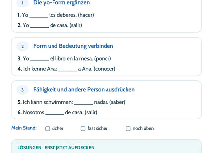 Spanisch Lernkarte: Wichtige yo-Formen im Präsens – Selbstcheck mit sechs Aufgaben und Lösungen
