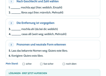 Spanisch Lernkarte: este, ese, aquel – Demonstrativformen – Selbstcheck mit sechs Aufgaben und Lösungen