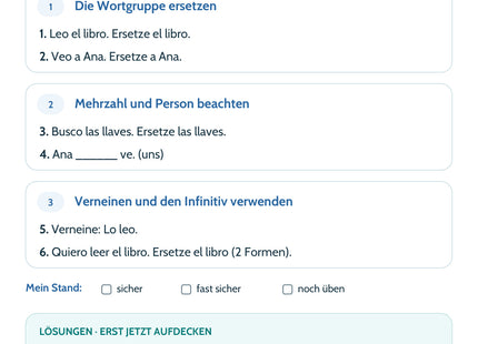 Spanisch Lernkarte: Direkte Objektpronomen – Selbstcheck mit sechs Aufgaben und Lösungen