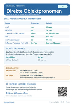 Spanisch Lernkarte: Direkte Objektpronomen (PDF)