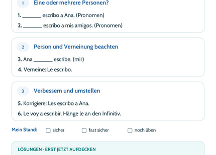 Spanisch Lernkarte: Indirekte Objektpronomen – Selbstcheck mit sechs Aufgaben und Lösungen