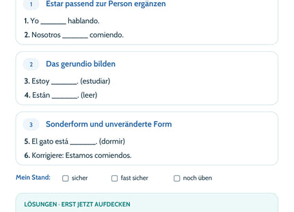 Spanisch Lernkarte: estar + gerundio – laufende Handlungen – Selbstcheck mit sechs Aufgaben und Lösungen