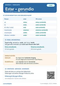 Spanisch Lernkarte: estar + gerundio – laufende Handlungen (PDF)