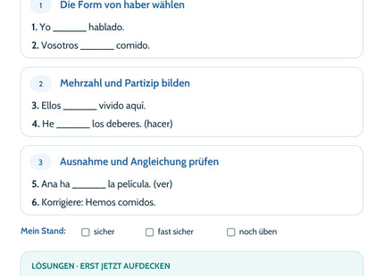 Spanisch Lernkarte: Pretérito perfecto – haber und Partizip – Selbstcheck mit sechs Aufgaben und Lösungen