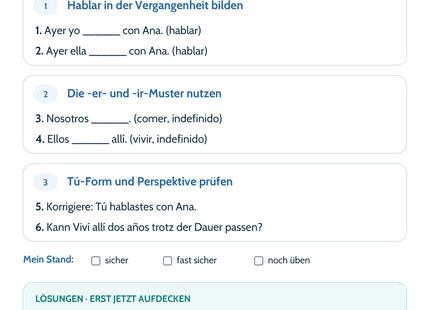 Spanisch Lernkarte: Pretérito indefinido – regelmäßige Verben – Selbstcheck mit sechs Aufgaben und Lösungen