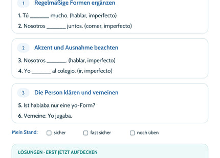 Spanisch Lernkarte: Pretérito imperfecto – Formen und Grundlagen – Selbstcheck mit sechs Aufgaben und Lösungen
