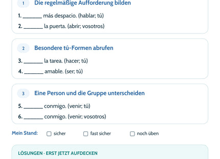 Spanisch Lernkarte Bejahter Imperativ: Selbstcheck mit sechs Aufgaben und Lösungen
