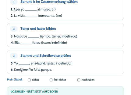 Spanisch Lernkarte Indefinido: wichtige Formen: Selbstcheck mit sechs Aufgaben und Lösungen