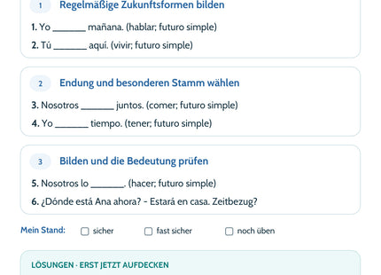 Spanisch Lernkarte Futuro simple: Selbstcheck mit sechs Aufgaben und Lösungen