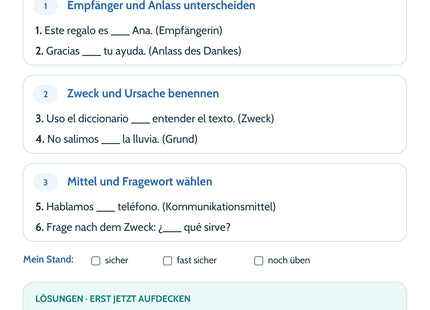Spanisch Lernkarte Por oder para?: Selbstcheck mit sechs Aufgaben und Lösungen