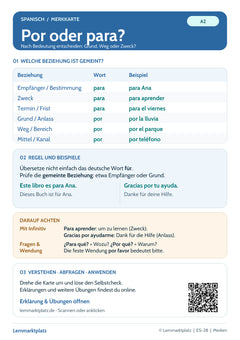 Spanisch Lernkarte: por oder para – Bedeutung und Beispiele (PDF)
