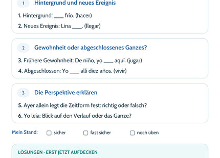 Spanisch Lernkarte Indefinido oder Imperfecto? – Selbstcheck mit sechs Aufgaben und Lösungen