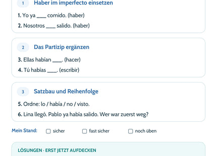Spanisch Lernkarte Pluscuamperfecto – Selbstcheck mit sechs Aufgaben und Lösungen