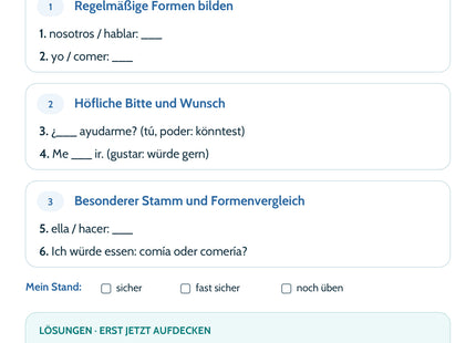 Spanisch Lernkarte Condicional simple – Selbstcheck mit sechs Aufgaben und Lösungen