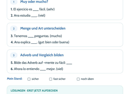Spanisch Lernkarte Muy, mucho und bien – Selbstcheck mit sechs Aufgaben und Lösungen