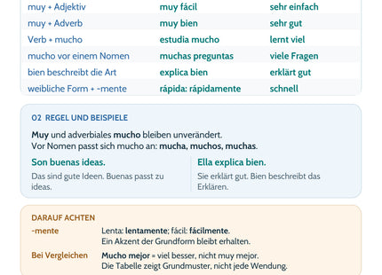 Spanisch Lernkarte Muy, mucho und bien – Merkübersicht mit Regeln und Beispielen