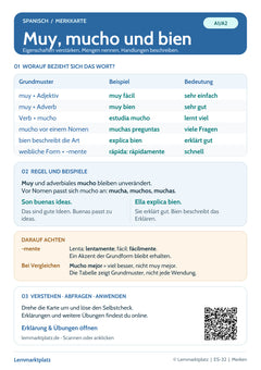 Spanisch Lernkarte: muy, mucho, bien und Adverbien auf -mente (PDF)