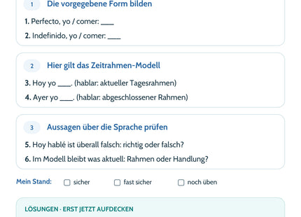 Spanisch-Lernkarte Perfecto oder Indefinido? – Selbstcheck mit sechs Aufgaben und Lösungen