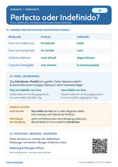 Spanisch Lernkarte: Perfecto oder Indefinido – Zeitenvergleich (PDF)