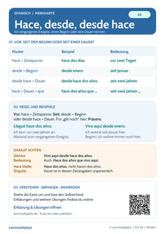 Spanisch Lernkarte: hace, desde und desde hace – vor und seit (PDF)