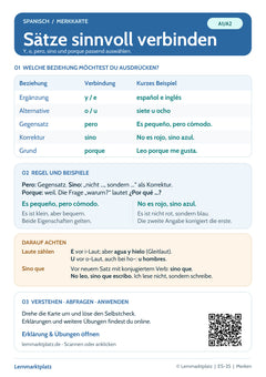 Spanisch Lernkarte: Konjunktionen – y, o, pero, sino und porque (PDF)