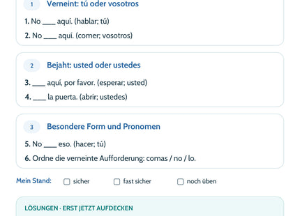 Spanisch-Lernkarte Verneinter & höflicher Imperativ – Selbstcheck mit sechs Aufgaben und Lösungen
