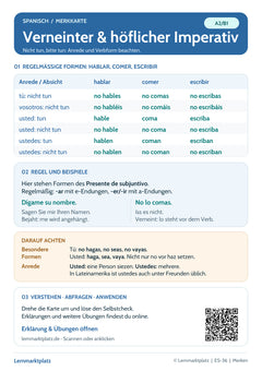 Spanisch Lernkarte: verneinter und höflicher Imperativ (PDF)