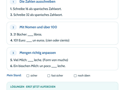 Spanisch Lernkarte Zahlen & Mengen – Rückseite mit sechs Aufgaben und Lösungen