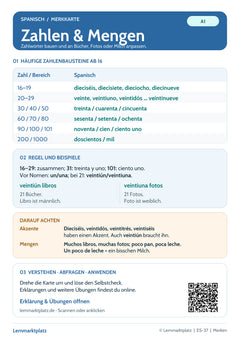 Spanisch Lernkarte: Zahlen und Mengen – Zahlwörter, un und una (PDF)