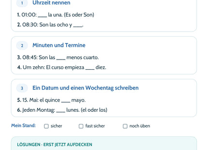 Spanisch Lernkarte Uhrzeit & Datum – Rückseite mit sechs Aufgaben und Lösungen