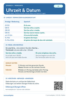 Spanisch Lernkarte: Uhrzeit und Datum – mit Selbstcheck (PDF)