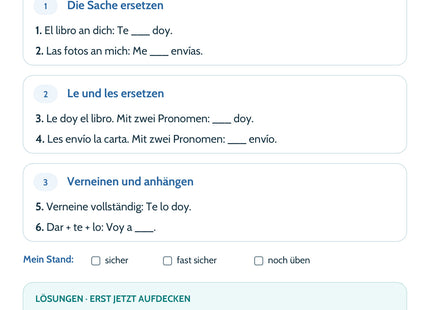 Spanisch Lernkarte Zwei Objektpronomen – Rückseite mit sechs Aufgaben und Lösungen