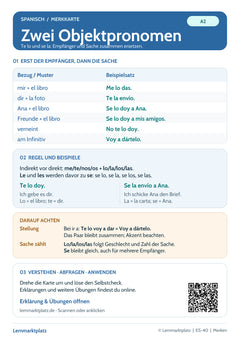 Spanisch Lernkarte: Zwei Objektpronomen – te lo und se lo (PDF)