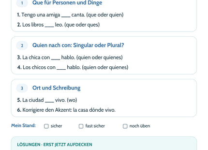 Spanisch Lernkarte Relativsätze – Selbstcheck mit sechs Aufgaben und Lösungen