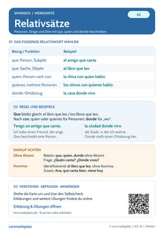 Spanisch Lernkarte: Relativsätze – que, quien und donde (PDF)