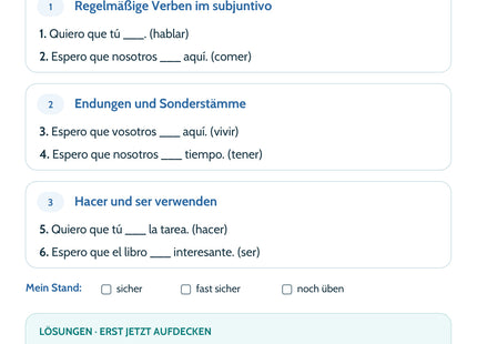 Spanisch Lernkarte Presente de subjuntivo – Selbstcheck mit sechs Aufgaben und Lösungen